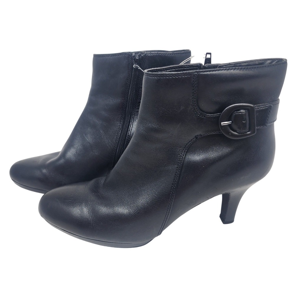 Clarks Womens‎ Black Leather Ankle Boots Kitten Heel Buckle Booties 9.5M